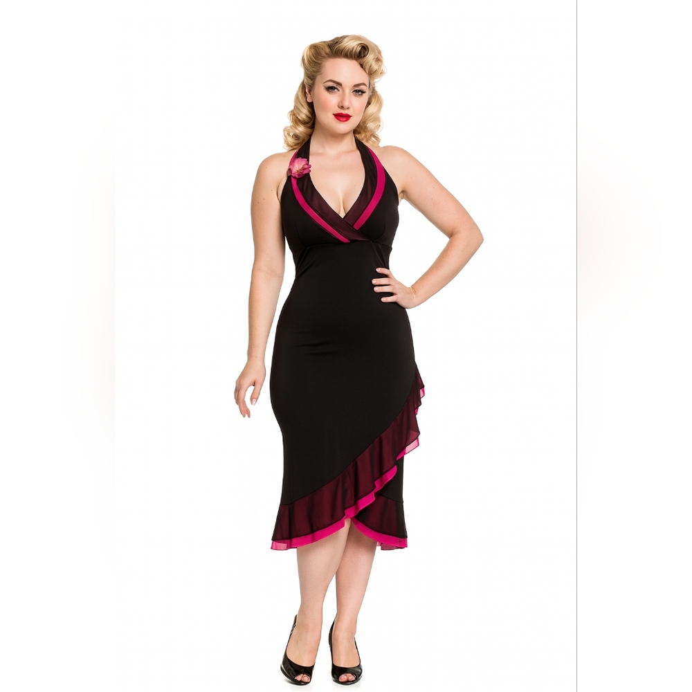 Vintage 80's Does The 40's‎ Black and Neon Pink Lolita High Low Dress